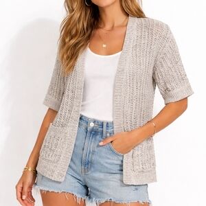 Free People Open Knit Short Sleeve Cardigan Neutral Sweater XS